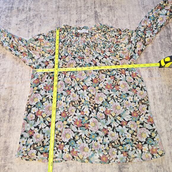 LOFT Blouse Womens Small Dark Floral Long Sleeve Smocked Lightweight Chiffon Top - Picture 6 of 10